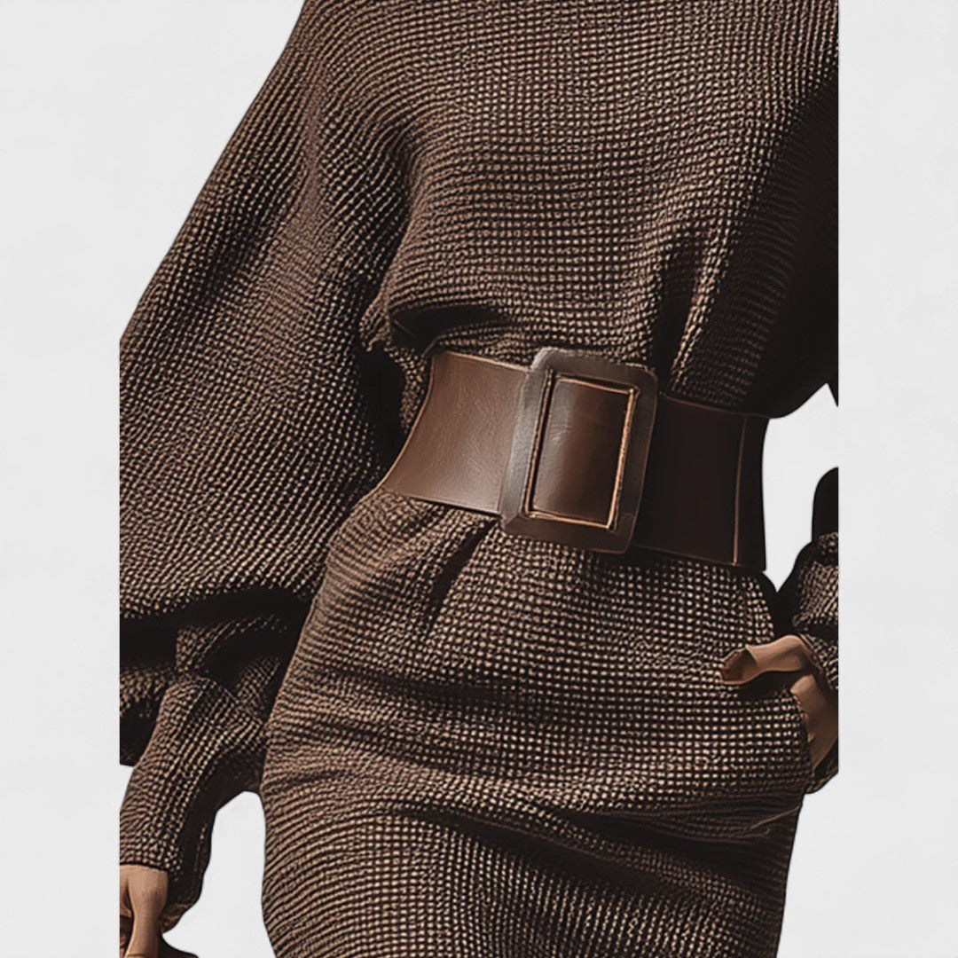 Małgorzata - Trumpa megzta suknelė su struktūrizuotu diržu